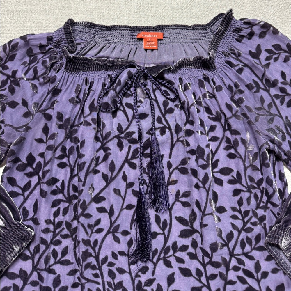 Sundance Burnout Velvet Leaf Purple Silk Blend Peasant Blouse Whimsy Top S - Picture 5 of 7
